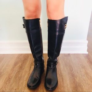 Tory Burch Black Leather Boots with Gold Detail